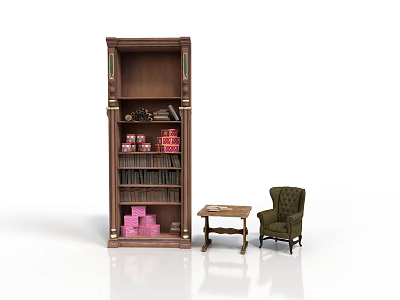 Classic Brown Wooden Bookshelf With Small Table And Green Armchair Books And Pink Boxes 3d model
