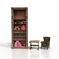 Classic Brown Wooden Bookshelf With Small Table And Green Armchair Books And Pink Boxes
