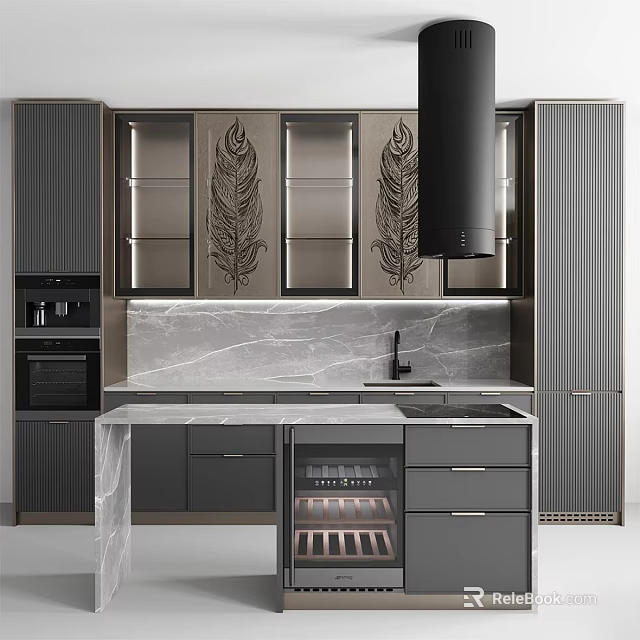 Modern Kitchen Cabinets With Glass Doors Feather Patterns Marble Countertop Island Oven And Wine Cooler 3d model 