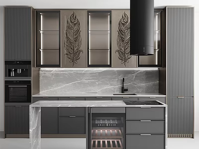 Modern Kitchen Cabinets With Glass Doors Feather Patterns Marble Countertop Island Oven And Wine Cooler 3d model