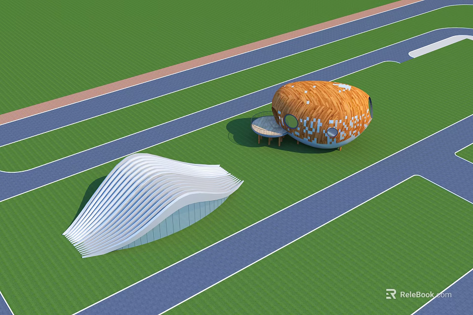 Modern Architectural Structures On Green Lawn With Curved Design And Roadways 3d model 