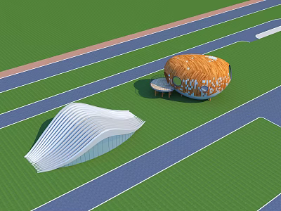 Modern Architectural Structures On Green Lawn With Curved Design And Roadways 3d model