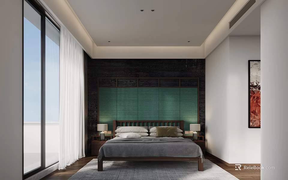 Modern Bedroom Interior With Wooden Bed Green Headboard White Curtains And Decorative Painting 3d model 