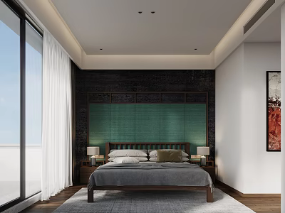 Modern Bedroom Interior With Wooden Bed Green Headboard White Curtains And Decorative Painting 3d model