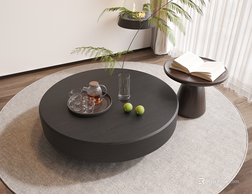 Round Black Wooden Coffee Table With Tray Glassware Limes Vase And Plant On Gray Rug 3d model 