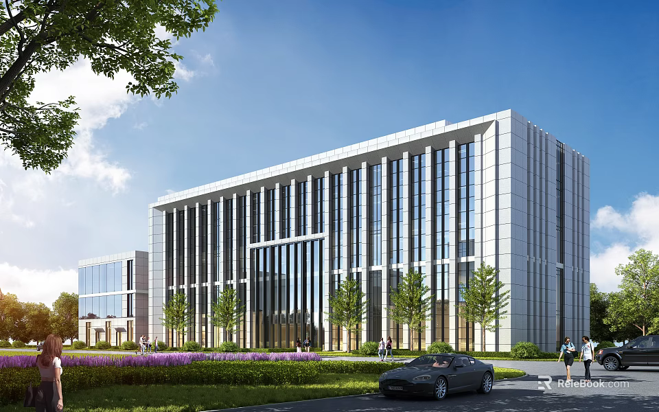 Modern Office Building Exterior With Glass Curtain Walls Trees Grassy Area Pedestrians And Parked Car 3d model 