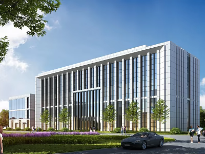 Modern Office Building Exterior With Glass Curtain Walls Trees Grassy Area Pedestrians And Parked Car 3d model