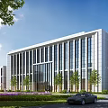 Modern Office Building Exterior With Glass Curtain Walls Trees Grassy Area Pedestrians And Parked Car