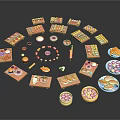 Assorted Foods Arranged in Circle on Wooden Trays and Plates Including Sushi Fruits Desserts