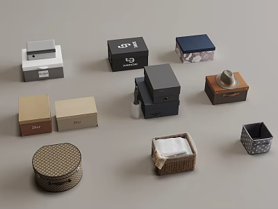 Assorted Decorative Storage Boxes In Various Designs And Materials For Home 3d model