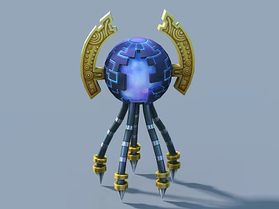 Futuristic Game Character With Blue Orb Core Golden Decorations Mechanical Legs And Purple Glow 3d model