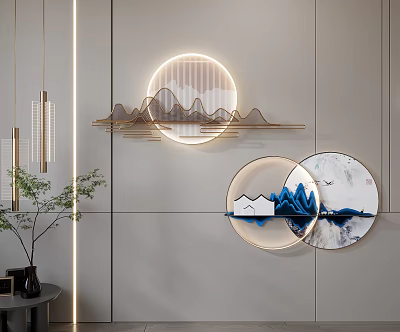 Modern Circular Wall Decor With Mountain Pattern And Lighted Metal Frame For Home Interior 3d model