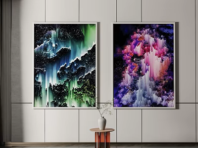Colorful Wall Art Paintings Blue Green Waterfall Pink Purple Crystal Design With Small Table Vase 3d model