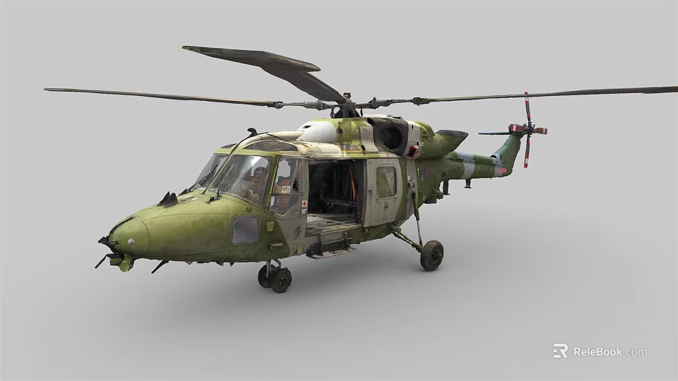 Green Camouflage Military Helicopter With Open Cabin Door Rotor Blades And Landing Gear 3d model 