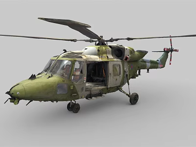 Green Camouflage Military Helicopter With Open Cabin Door Rotor Blades And Landing Gear 3d model