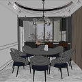 Modern Dining Table Set With Checkered Chairs Hanging Chandelier And Wooden Wall Panel