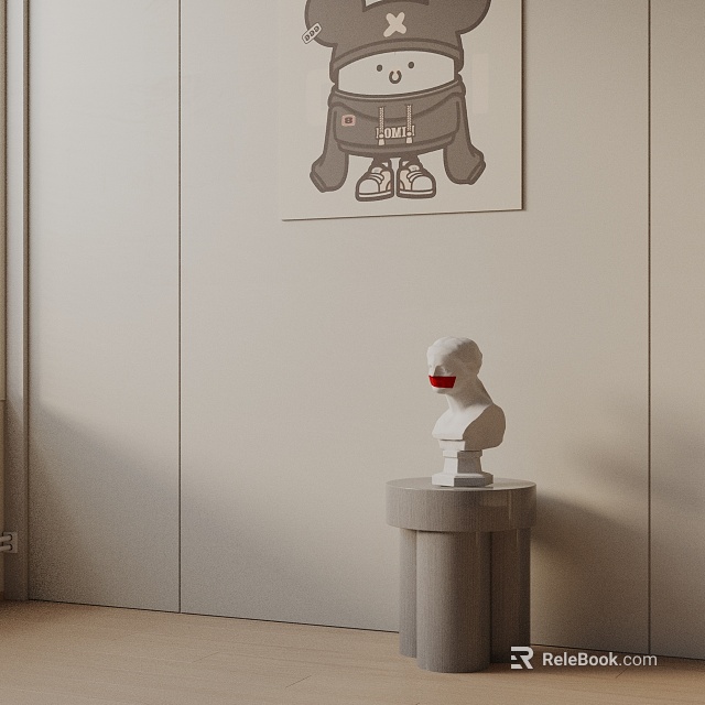 Minimalist Concrete Side Table With White Bust Sculpture And Wall Art 3d model 