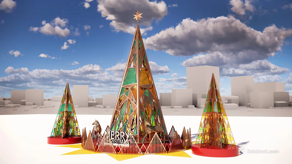 Colorful Christmas Tree Shaped Decoration Photo Spot With Star On Top And City Background 3d model 
