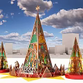 Colorful Christmas Tree Shaped Decoration Photo Spot With Star On Top And City Background