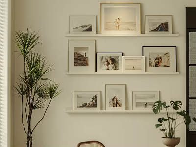 Stylish Photo Wall Decor with Framed Pictures on White Wall and Potted Plants 3d model