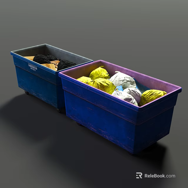 Two Blue Storage Bins Containing Yellow White Black Brown Beige Fabric Rolls 3d model 