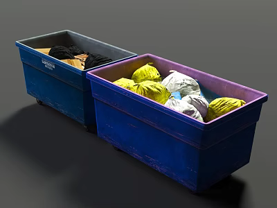 Two Blue Storage Bins Containing Yellow White Black Brown Beige Fabric Rolls 3d model