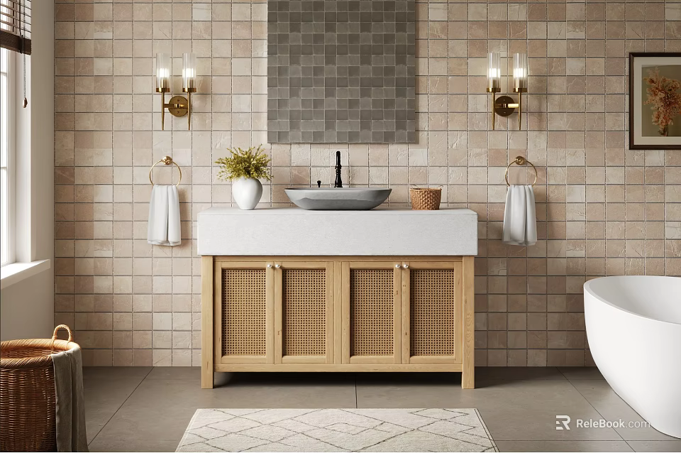 Modern Bathroom With Brick Wall Gold Sconces Wooden Rattan Vanity White Sink And Geometric Rug 3d model 