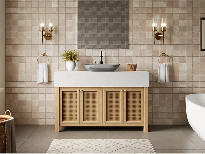Modern Bathroom With Brick Wall Gold Sconces Wooden Rattan Vanity White Sink And Geometric Rug 3d model