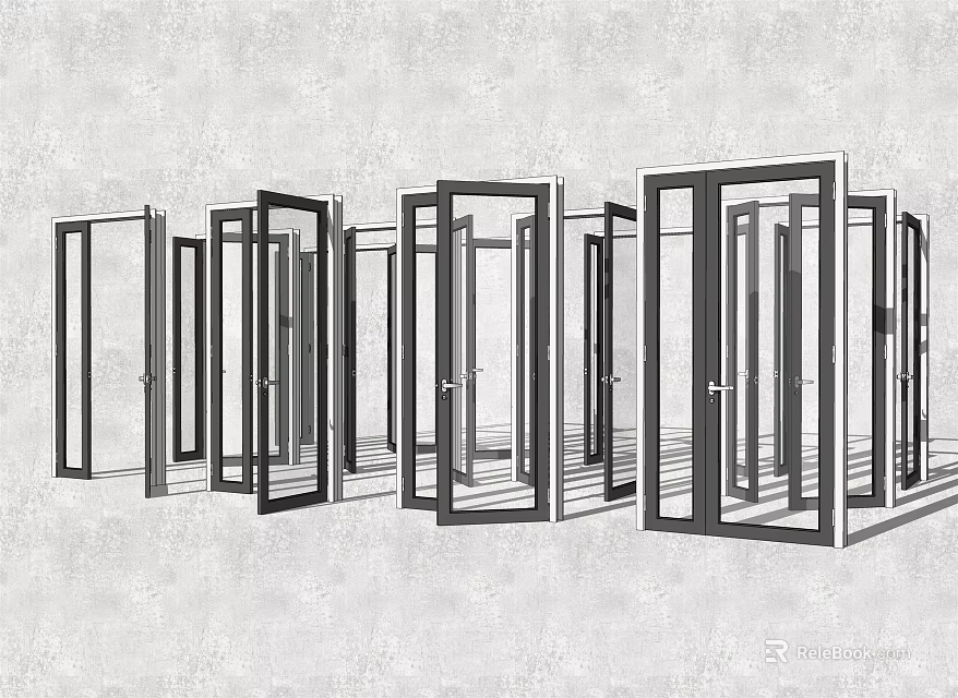 Various Style Doors With Metal Frames And Glass Panels In Open Closed Positions 3d model 