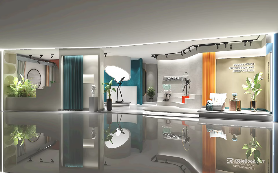 Modern Specialty Store Interior With Display Shelves Decorative Items And Green Plants 3d model 