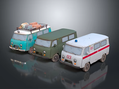 Vintage Mini Vans in Blue Green White with Retro Stripe Accents 3d model