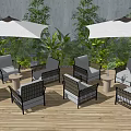 Outdoor Sofa Set With Rattan Design Gray Cushions Umbrella And Greenery On Wooden Deck