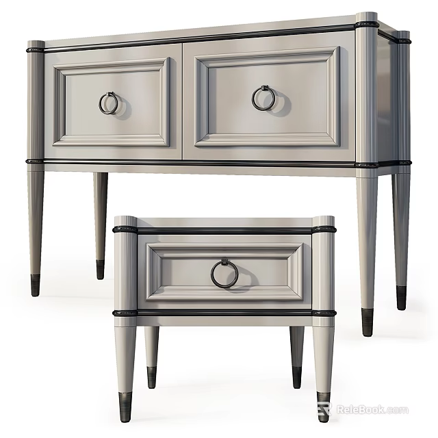 Light Gray Storage Cabinets With Drawers Round Handles And Slim Black Trim Legs 3d model 
