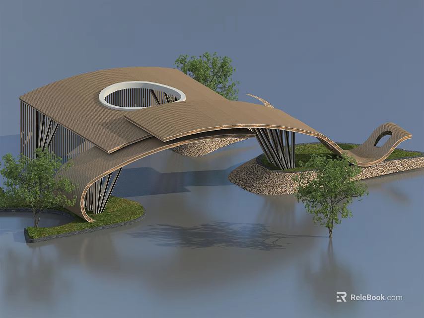 Modern Curved Entrance Gate With Circular Top Opening And Lakeside Trees 3d model 