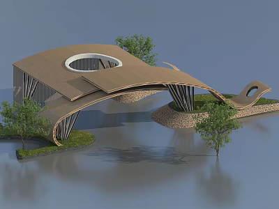 Modern Curved Entrance Gate With Circular Top Opening And Lakeside Trees 3d model