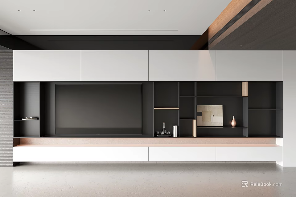 Modern TV Wall Design With White And Black Cabinetry Wooden Accents And Open Shelves 3d model 