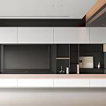 Modern TV Wall Design With White And Black Cabinetry Wooden Accents And Open Shelves