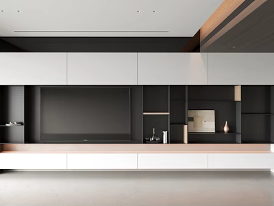 Modern TV Wall Design With White And Black Cabinetry Wooden Accents And Open Shelves 3d model