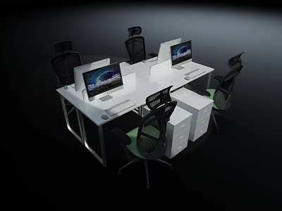 Modern Office Desk Workspace Setup With Computer Monitors Ergonomic Chairs And Storage Drawers 3d model