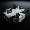 Modern Office Desk Workspace Setup With Computer Monitors Ergonomic Chairs And Storage Drawers