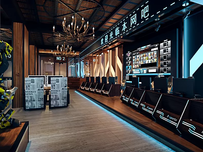 Modern Internet Cafe Interior Design With Gaming Computers Comfortable Chairs And Bar Counter 3d model