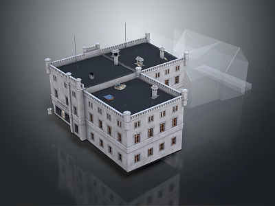 Cartoon Scene Of White Building Model With Black Roof And Transparent Outline Design 3d model