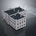 Cartoon Scene Of White Building Model With Black Roof And Transparent Outline Design