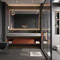 Sleek Modern Bathroom Interior Featuring Backlit Mirror Glass Shower Marble Vanity And Gray Tile Floor