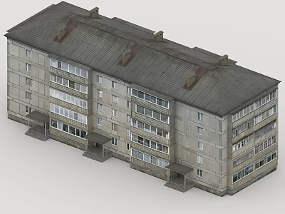 Multi Story Apartment Building With Gray Roof And Stair Entrances 3d model