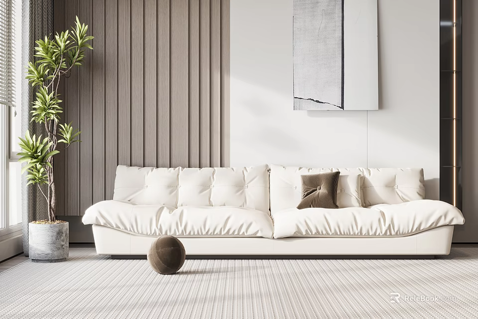 Modern Minimalist White Two Seater Sofa With Pillows Plant And Wall Art On Rug 3d model 
