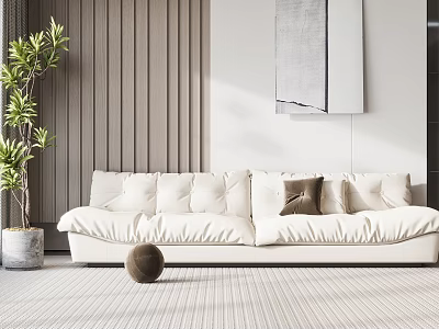 Modern Minimalist White Two Seater Sofa With Pillows Plant And Wall Art On Rug 3d model