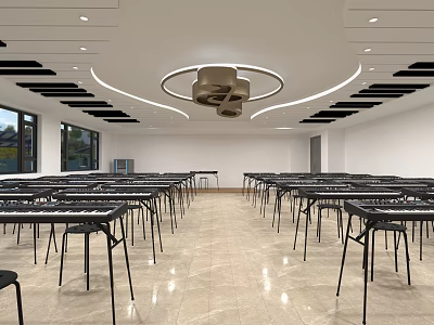 Bright Book Art Classroom With Neatly Arranged Tables Chairs Large Windows And Round Fans 3d model