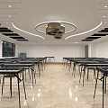 Bright Book Art Classroom With Neatly Arranged Tables Chairs Large Windows And Round Fans