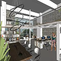Public Office Space With Brick Walls Glass Doors Conference Table Staircase And Neon Sign Plants